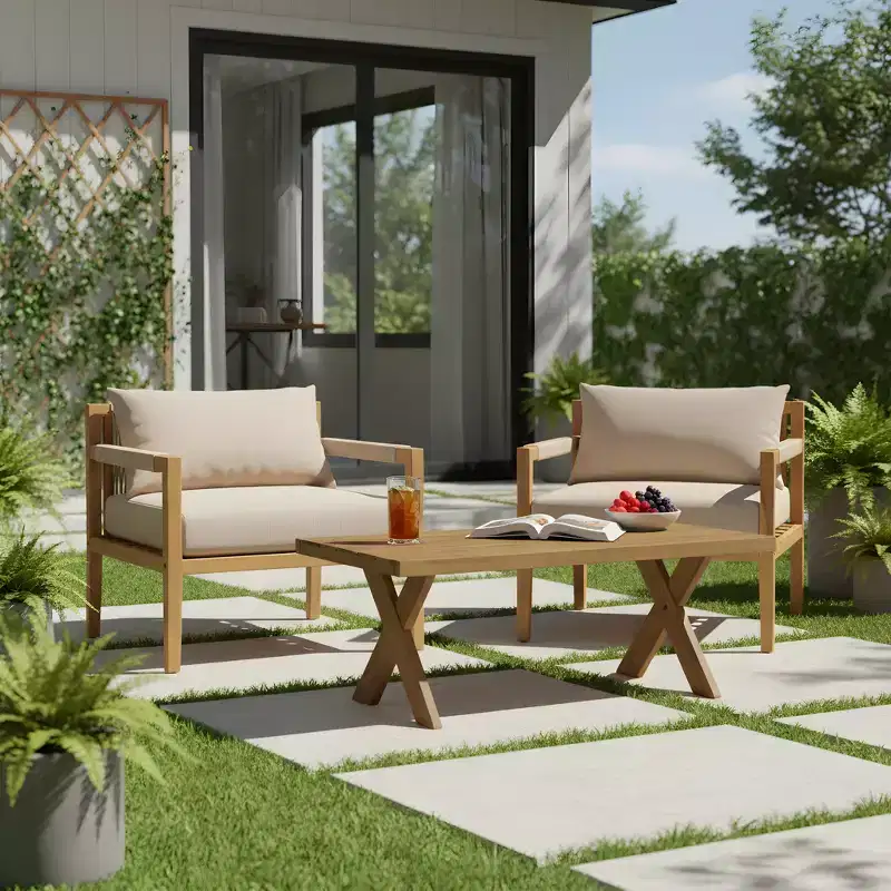 Christopher Knight Home Hyunsik Modern Patio Acacia Wood Seating Set with 2 Chairs and Hand Crafted Coffee Table