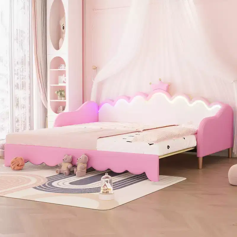 Whisen Twin Extending Daybed, Modern Upholstered Princess Daybed With Crown Headboard