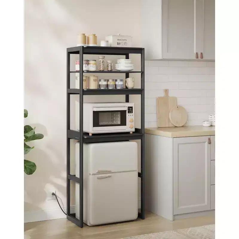 Kitchen Bakers Rack with Power Outlet, 4-Tier Coffee Bar Table with Adjustable Shelf, Mini Fridge Shelf, 15.7 x 23.6 x 66.9 Inches