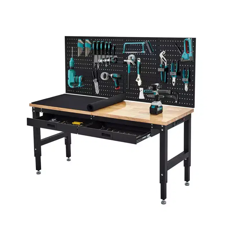 60 Inch Garage Workbench with Pegboard, Drawers & Power Outlets