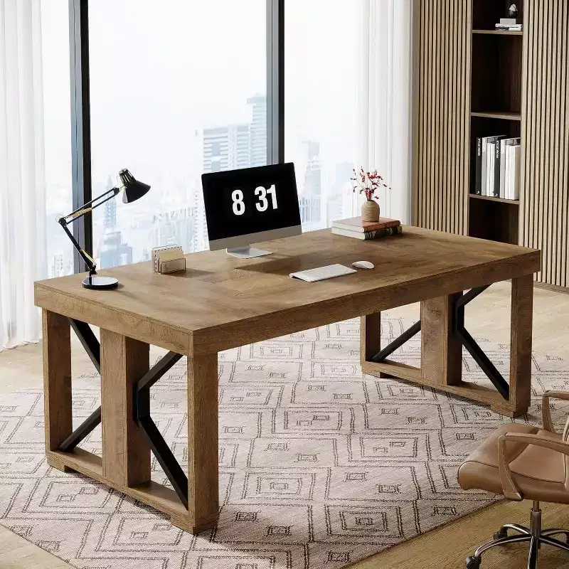 Lantine 70.87-Inch Executive Desk, Large Wooden Computer Office Desk with Strong Double Pedestal, Modern Workstation for Home Office, Brown