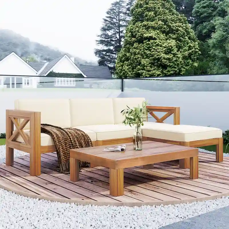 Patio Wood 5-Piece Sectional Sofa Seating Group Set with Cushions