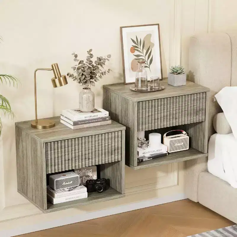 Gray Floating Nightstand with Drawer & Shelf – Set of 2