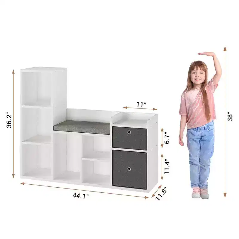 Kids BookshelfChildren Bookcase with Soft Cushion Seat  Childrens Toy Storage Cubby & Reading Nook, 44.1 Kids Storage Cabinet