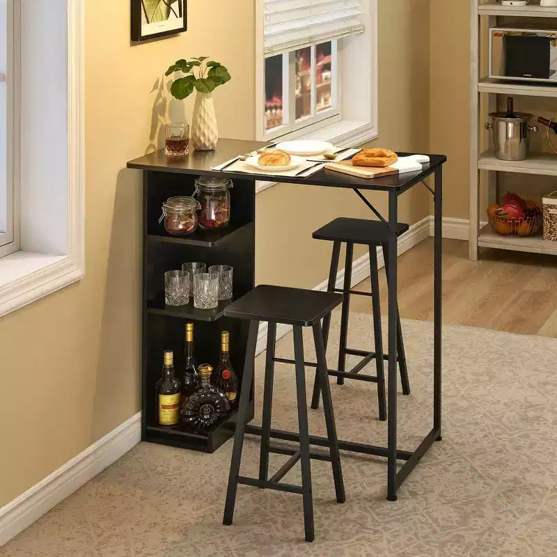 3 Pcs Bar Table and Stools Set, Metal Frame Dining Table and 2 Stools with 3 Tier Storage Shelves, Space Saving Breakfast Bar for Small Apartment