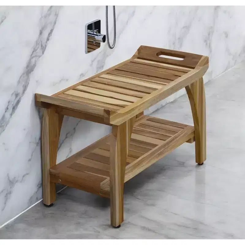 29-Inch Teak Shower & Outdoor Bench with Cut-Out Handles & Bottom Shelf, Natural Finish