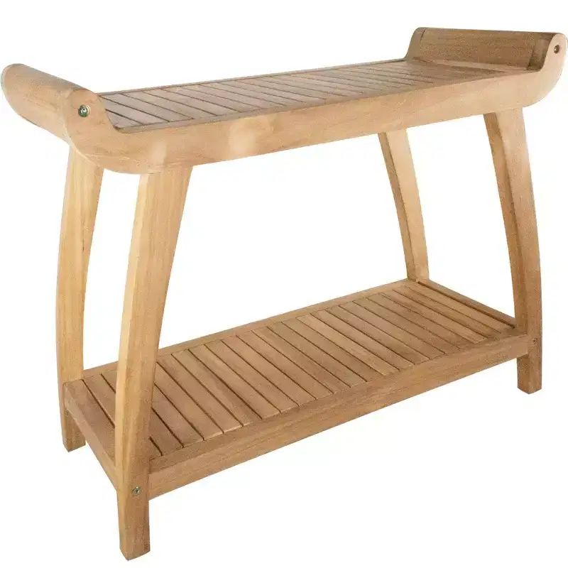 Nordic Teak 30 Natural Shower and Bath Curved Spa Bench with Shelf - Beige