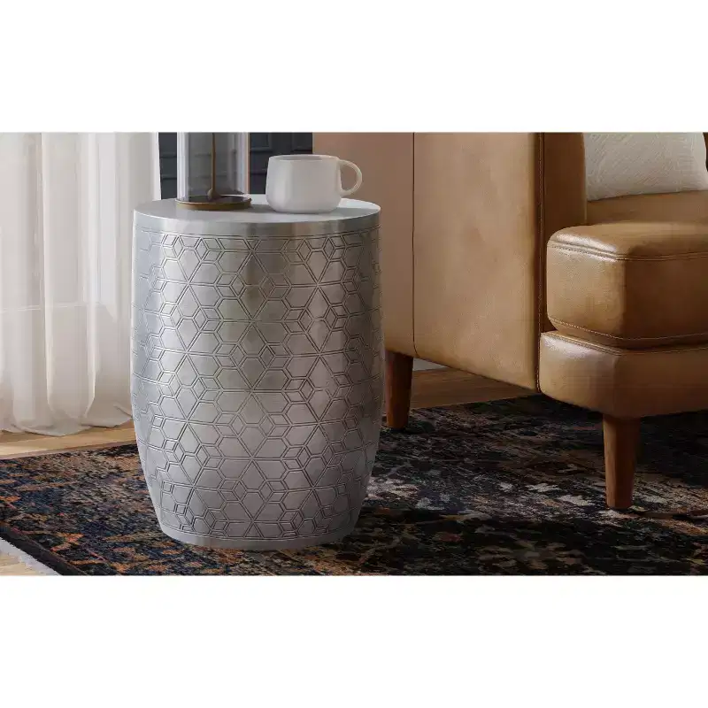 Jean 15 inch Wide Boho Geometric Pattern Metal Accent Table, Assembled