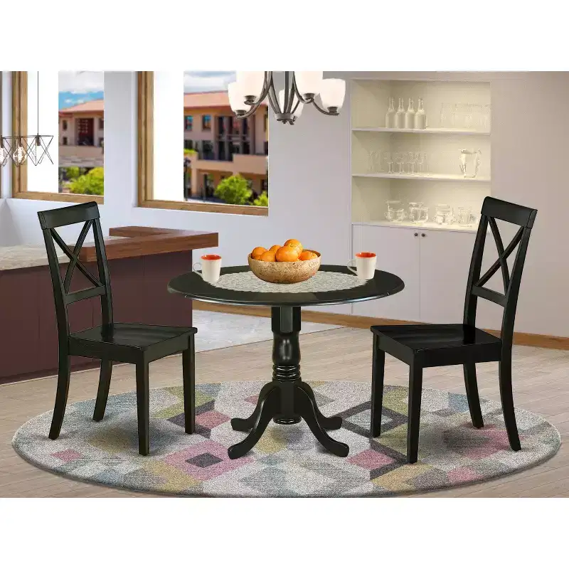 HomeStock Round Drop Leaf Dining Table Set Wooden Chairs Black