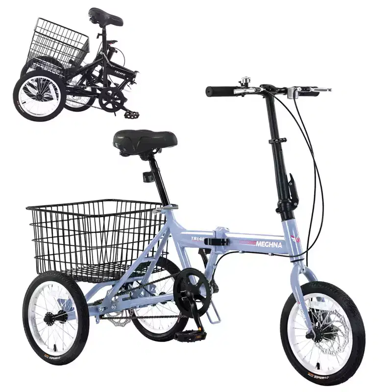 NAYSAYE Adult Folding Tricycle with Basket, Collapsible Steel Frame, Large Load Capacity for Outdoor Shopping & Travel, Blue, 53.54*23.23*39.49