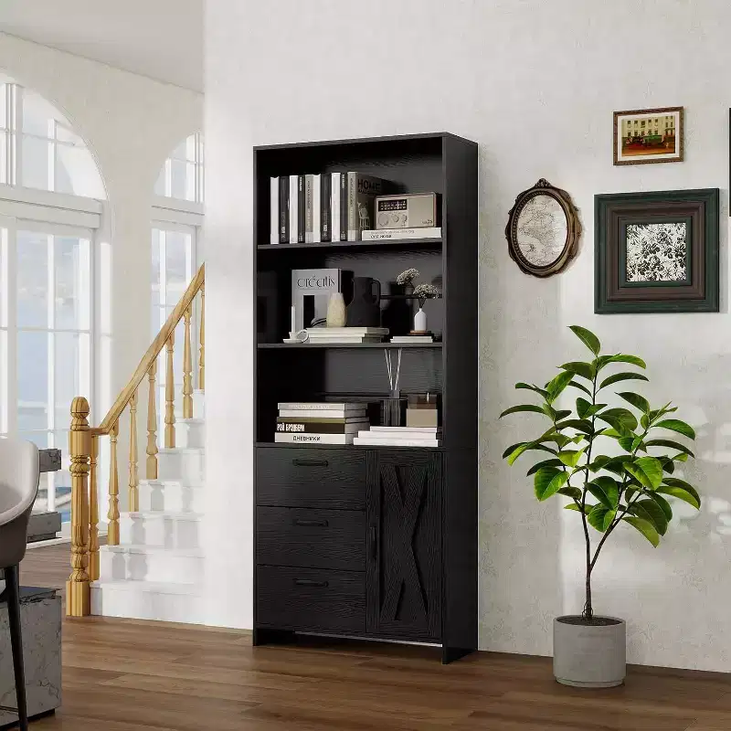 6-tier bookcase, 71-inch high bookcase with 3-tier shelves, storage cabinet with doors and 3 drawers for home office, living room, bedroom