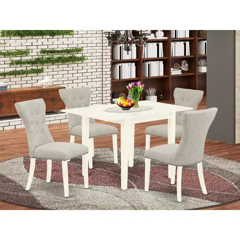 HomeStock Belmont 5-Piece kitchen table set- 4 parson dining room chairs and 2 Drop leaf Rectangular table , Linen White Finish