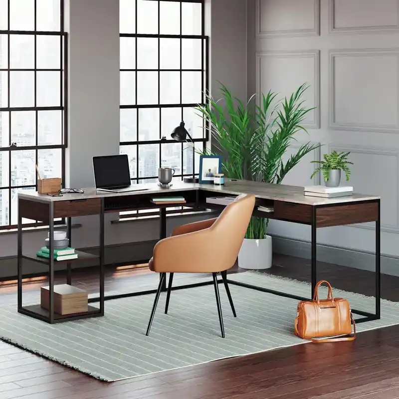 65.98 L-Shaped Office Desk with 2-Drawers, Cubbyholes & Shelves - Umber Wood