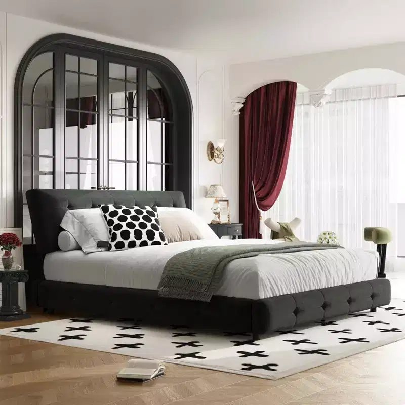 Size Bed Frame Tufted Headboard with Extra Large Ultra Soft Cloud Pillow, Chenille Platform Bed with Metal and Wooden Black