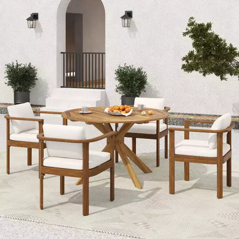 Christopher Knight Home Everett Patio 5-Piece Rustic Acacia Wood Outdoor Round Dining Set with Cushioned Dining Chairs