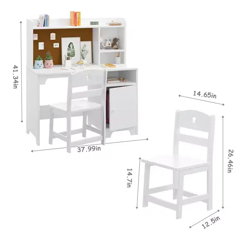 Kids Desk with Chair, Study Desk for Boys Girls Storage Cabinet, Student Writing Desk Computer Workstation for Kids Bedroom & Study Room, White