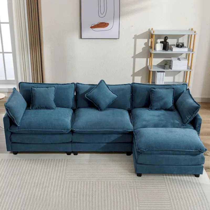 112.2 L-Shape Chenille Upholstered Sofa for Living Room Modern Luxury Sofa Couch with Ottoman