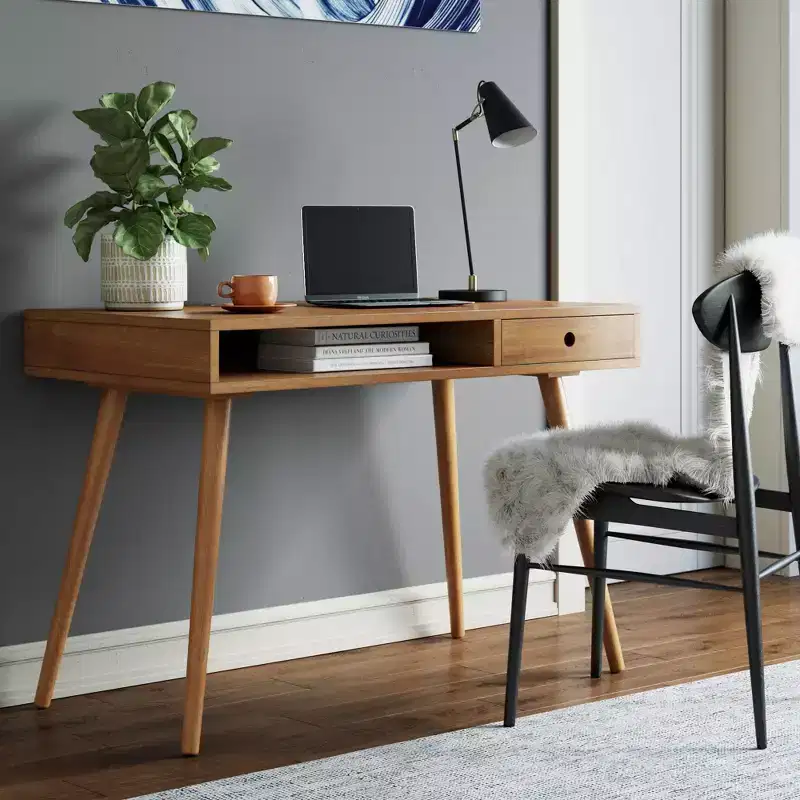Parker Mid-Century Desk with Drawer Acacia Light Brown: MDF Top, Solid Wood Legs, Home Office Furniture
