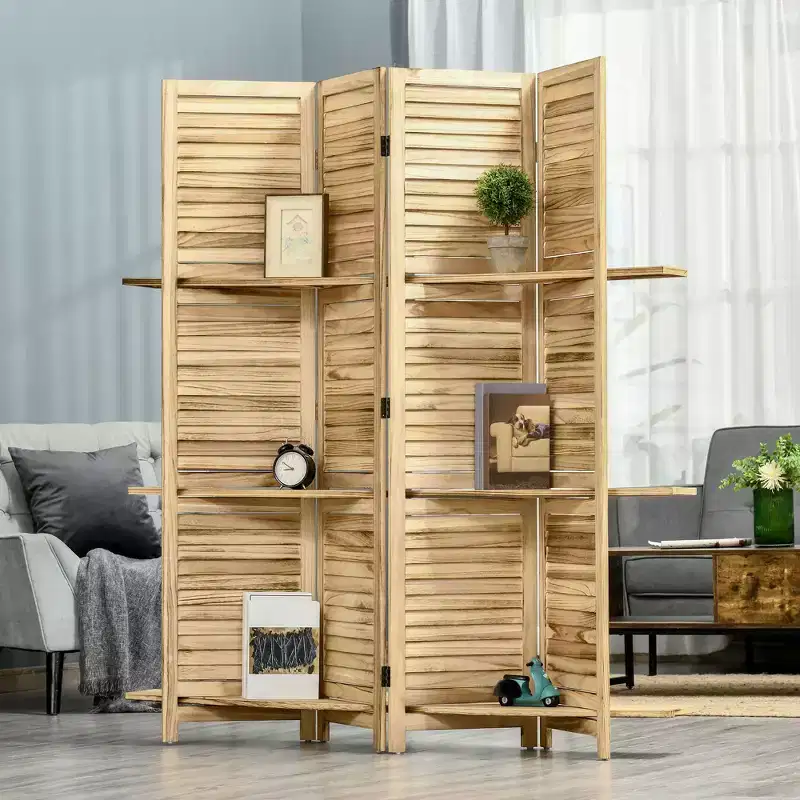 MAYEERTY 4 Panel Folding Room Divider Freestanding Paulownia Wood Privacy Screen Panel with Storage Shelves for Home Office Natural Wood