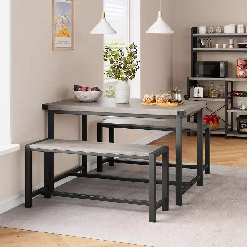 Dining Table and 2 Benches with Corner Protector, Dining Table Set for 4 with 2 Benches, Kitchen Table Set for 4-6 w/H-Shaped Frame for Small Space