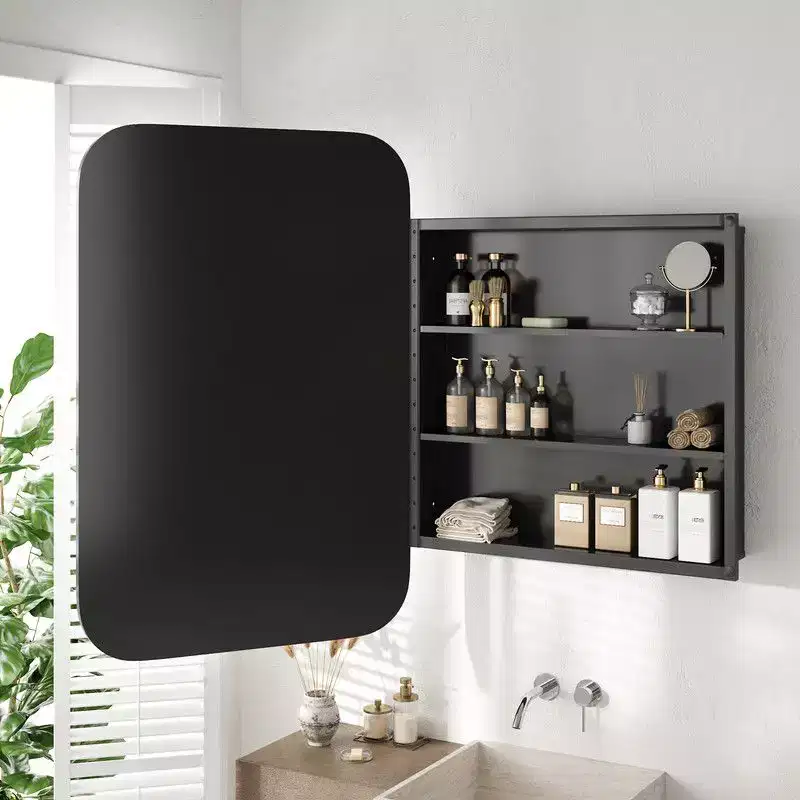 36 x 24 Bathroom Cabinet with Mirror Stainless Steel Frame and 2 Adjustable Shelves Wall Medicine Cabinets Mirrors Rectangle Recessed Black