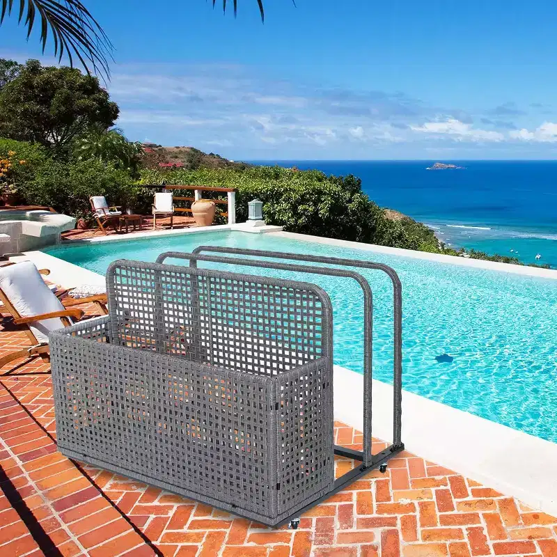 Pool Storage Bin with PE Rattan, Pool Organizer for Cushions & Floaties