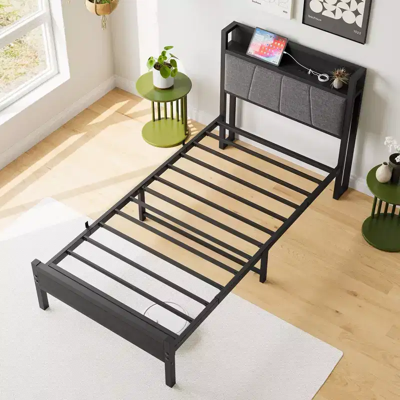 Twin Size Bed Frame with Storage Headboard & Charging Station, No Box Spring Needed for Bedroom