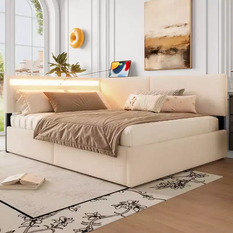 GDFStudio Camden Upholstered Corner Daybed with USB Charging Headboard and Tufted Back