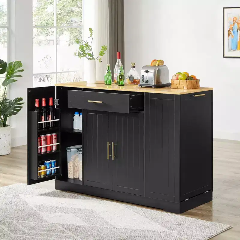 Kitchen Island with Doors & Center Drawer & Trash Can Storage, Storage Cabinet Dining Sideboard for Kitchen, Dining Room