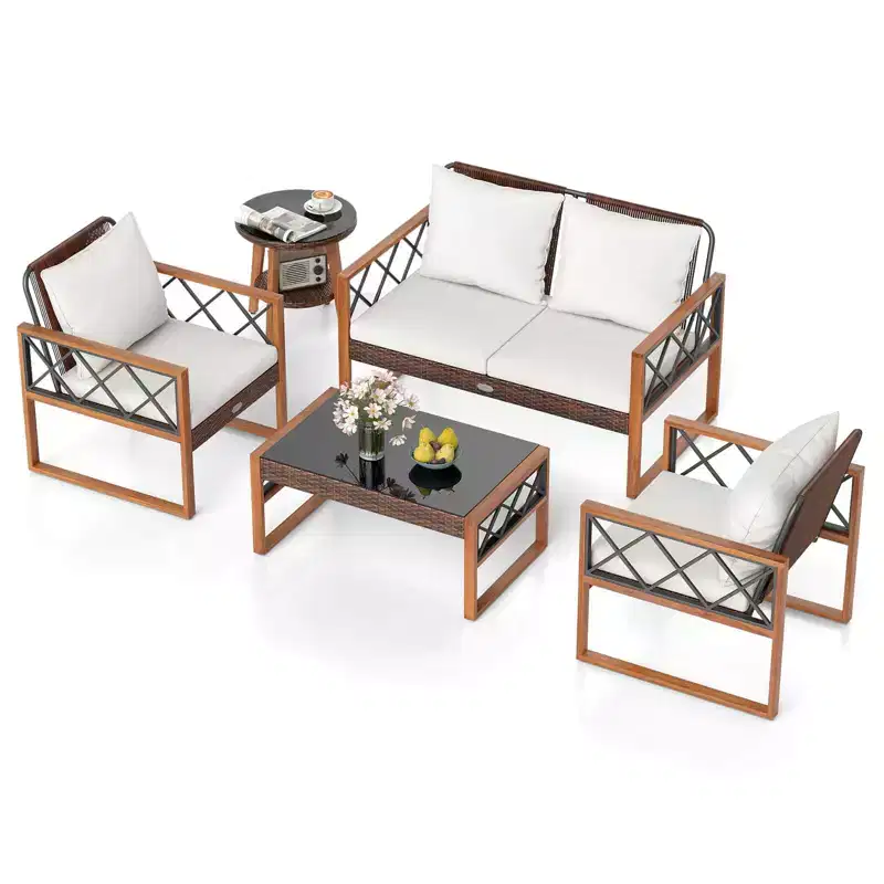 Costway 5 PCS PE Wicker Patio Furniture Set with Acacia Wood Frame Cushions for Deck Garden Mix Brown + Off-White