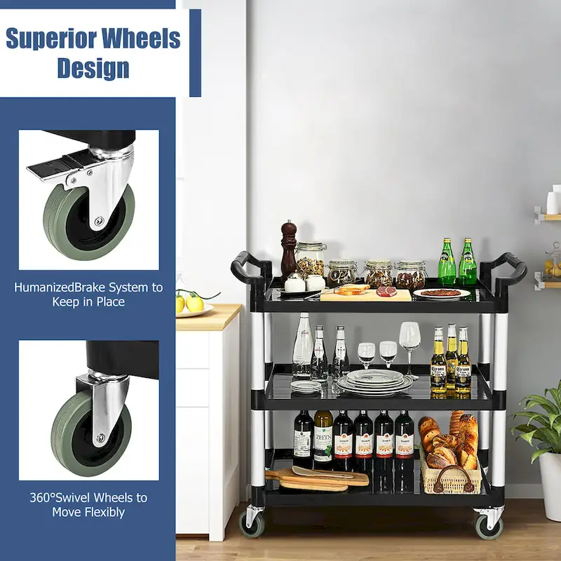 Costway 3-Shelf Utility Service Cart Aluminum Frame 490lbs Capacity w/