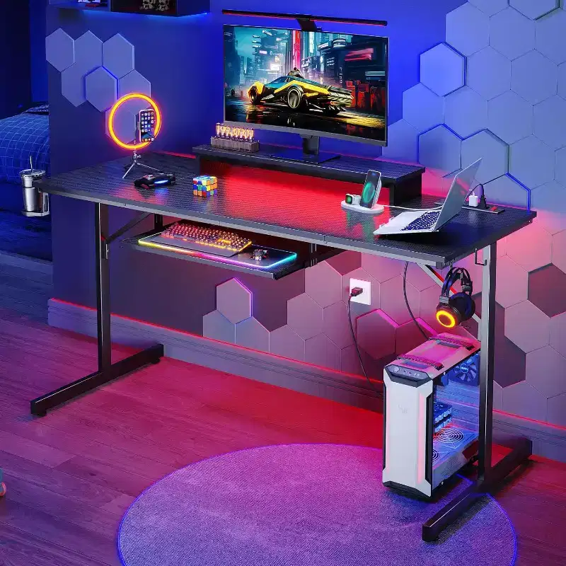Bestier 63 Gaming Desk with LED Lights & Power Outlets, Computer Desk with Monitor Stand & Keyboard Tray for Home Office