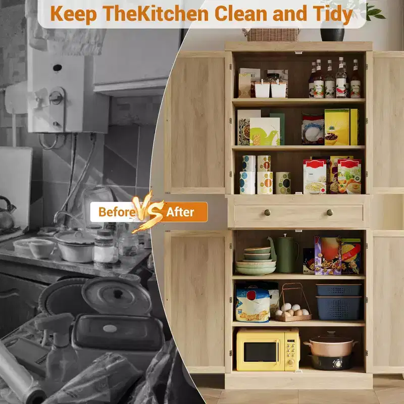 72 Kitchen Pantry Cabinet, Freestanding Storage Cabinet with 4 Woven Panel Doors, 1 Drawer & 4 Adjustable Shelves, Wood Cupboard for Dining Room