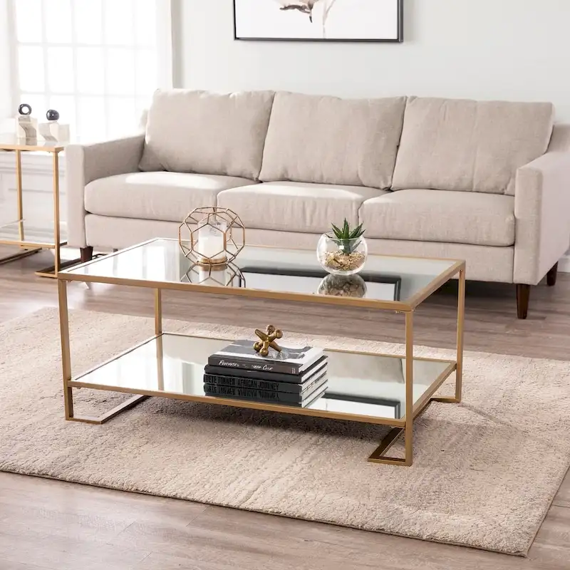 Glam Gold Metal Coffee Table with Glass Top & Mirrored Shelf – Modern Living Room