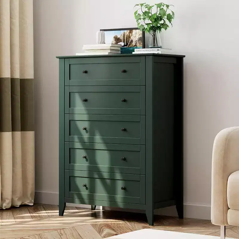 Acekool 5 Drawer Wood Dresser, Modern Minimalist Chest with Metal Handles for Bedroom Living Room Hallway