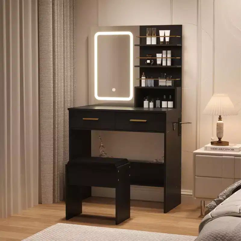 GustoWave Contemporary Vanity Desk with Mirror and Lights, Makeup Vanity Table with Drawers and Shelves, Cabinet and Cushioned Stool