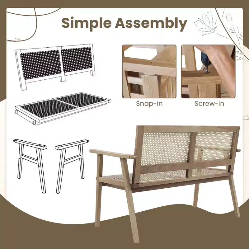 Costway Indonesia Teak Wood Garden Bench 2-Person Bench with Armrests Natural Rattan Backrest & Seat
