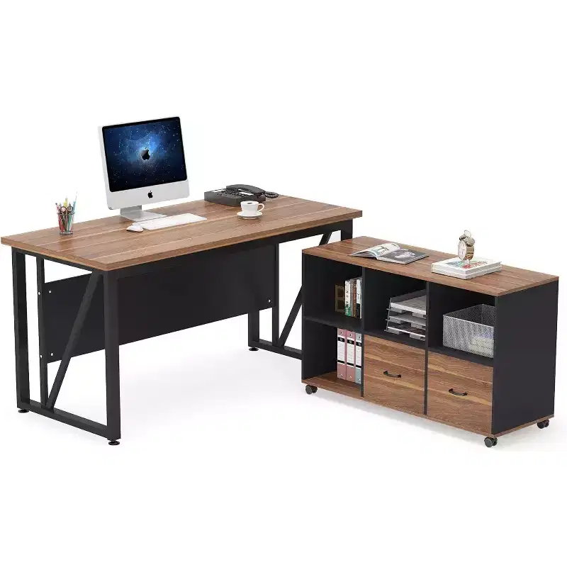 Lantine L Shaped Executive Computer Desk with Lateral File Cabinet