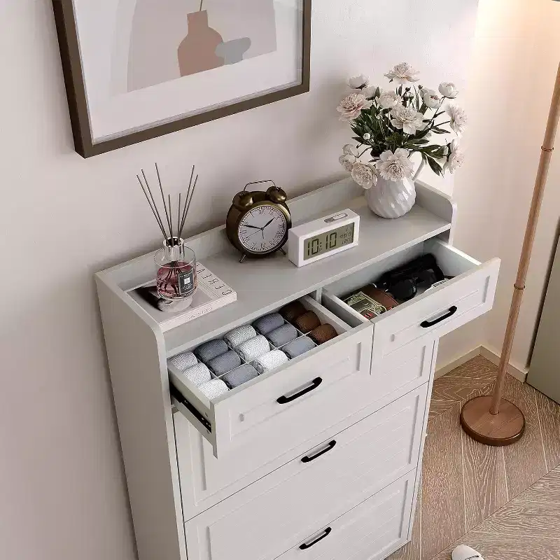 Shoe Cabinet, White Hidden Wood Shoe Storage Cabinet with 2 Drawers & 3 Flip Drawers, Narrow Shoe Rack