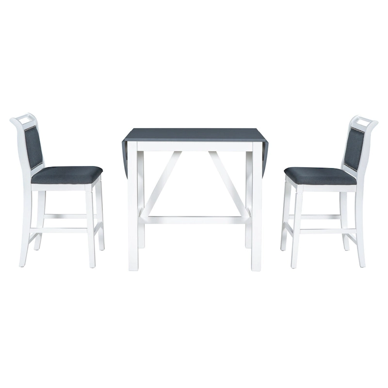 White 3-Piece Wooden Counter Height Dining Table Set with Drop Leaf Table & 2 Chairs