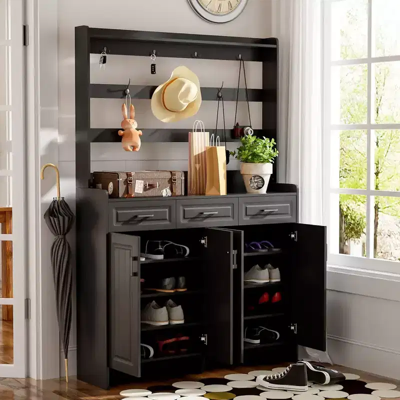 Okak Shoe Storage, Shoe Cabinet with Four Doors and Coat Rack, 3 Drawers, 8 Shelves, Shoe Organizer for Hallway, Entryway, Living Room