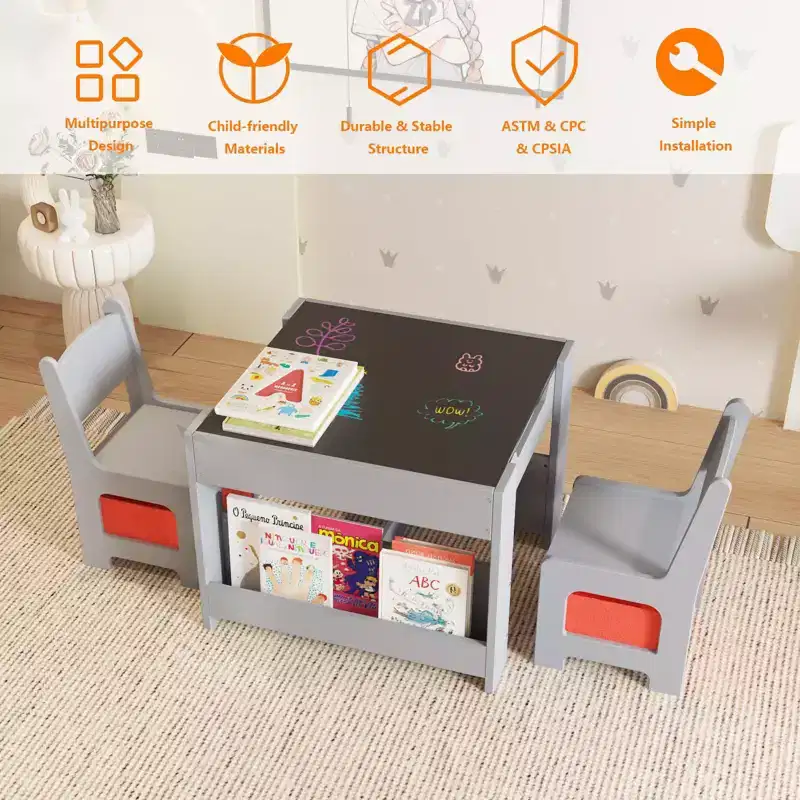 Kids Art Table and 2 Chairs, 3 in 1 Activity Table with 2 Chairs, Toddlers Craft Table Art Desk for Home Daycare Playroom