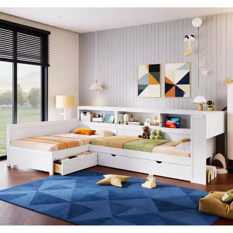Twin Size L-shaped Platform Bed with Trundle & Charging Station, Wood Bed Frame with Bookshelf