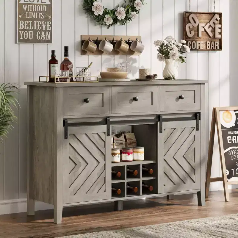 47.2'' Farmhouse Buffet Cabinet with Sliding Barn Door, 33.4'' Tall Wood Rustic Sideboard with 3 Drawer, Adjustable Shelf and Removable Wine Rack