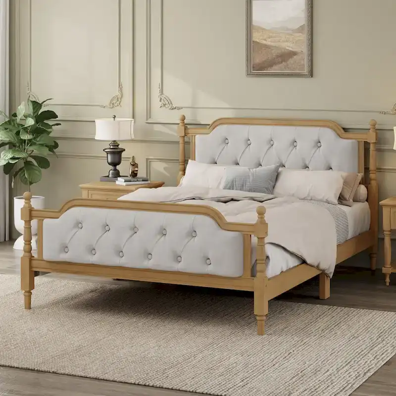Solid Wood Bed Frame with Upholstered Tufted Headboard – No Box Spring Needed