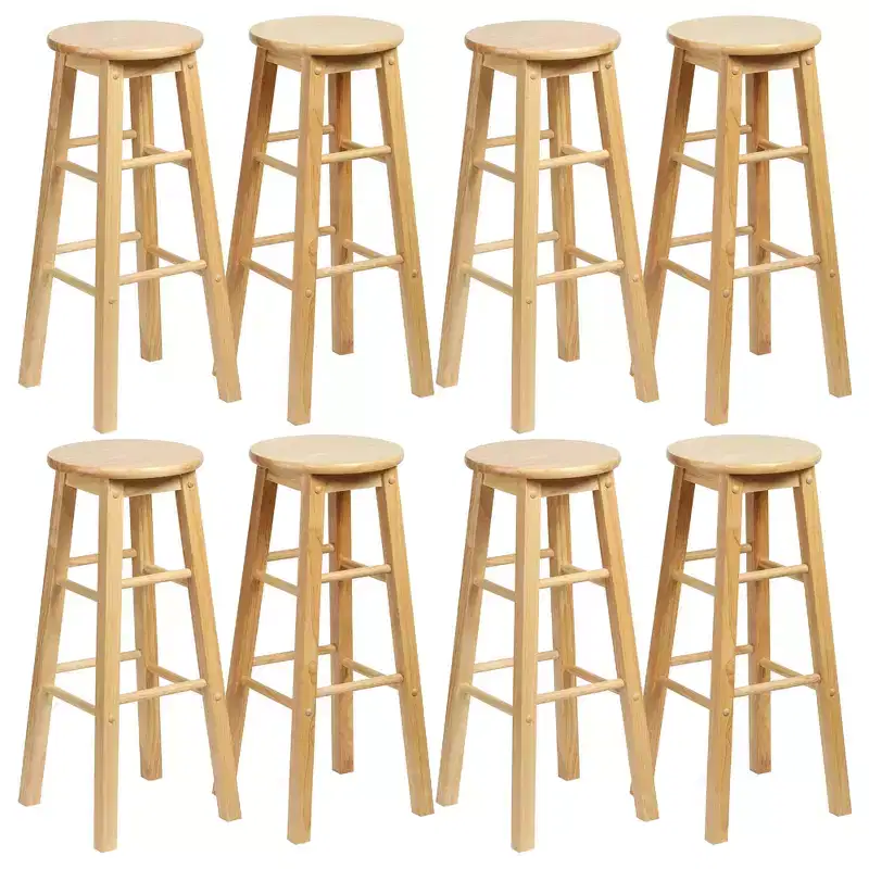 PJ Wood Classic Round Seat 29 Tall Kitchen Counter Stools for Homes, Dining Spaces, and Bars with Backless Seats & 4 Square Legs, Natural (Set of 8)