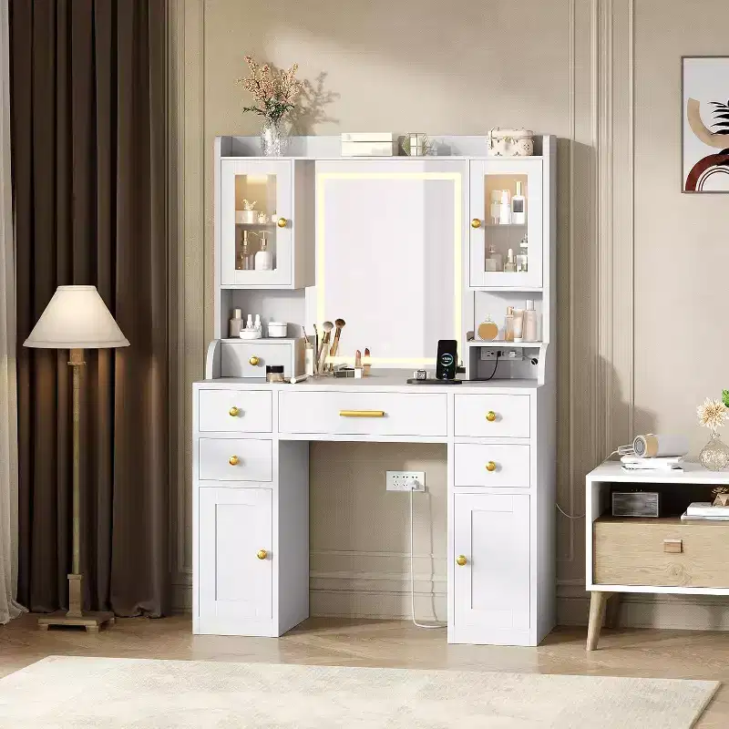 Vanity Desk with Charging Station and LED Mirror, Makeup Dressing Table, 3 Light Modes, 6 Drawers, Cabinet and Shelves, White
