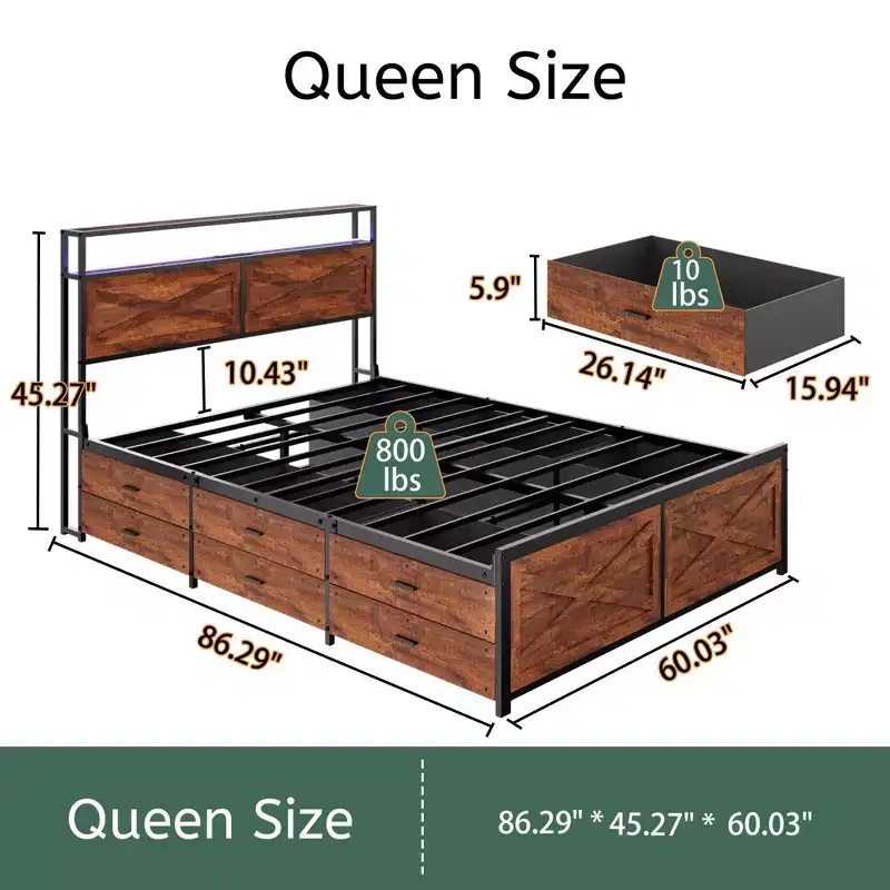 Queen/King Size Platform Bed with Storage Headboard and Storage Drawers, Platform Bed Frame with Metal Slats Support, Rustic Brown