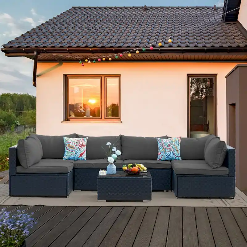 7 Pieces Outdoor Woven Rattan Sectional Sofa,Grey
