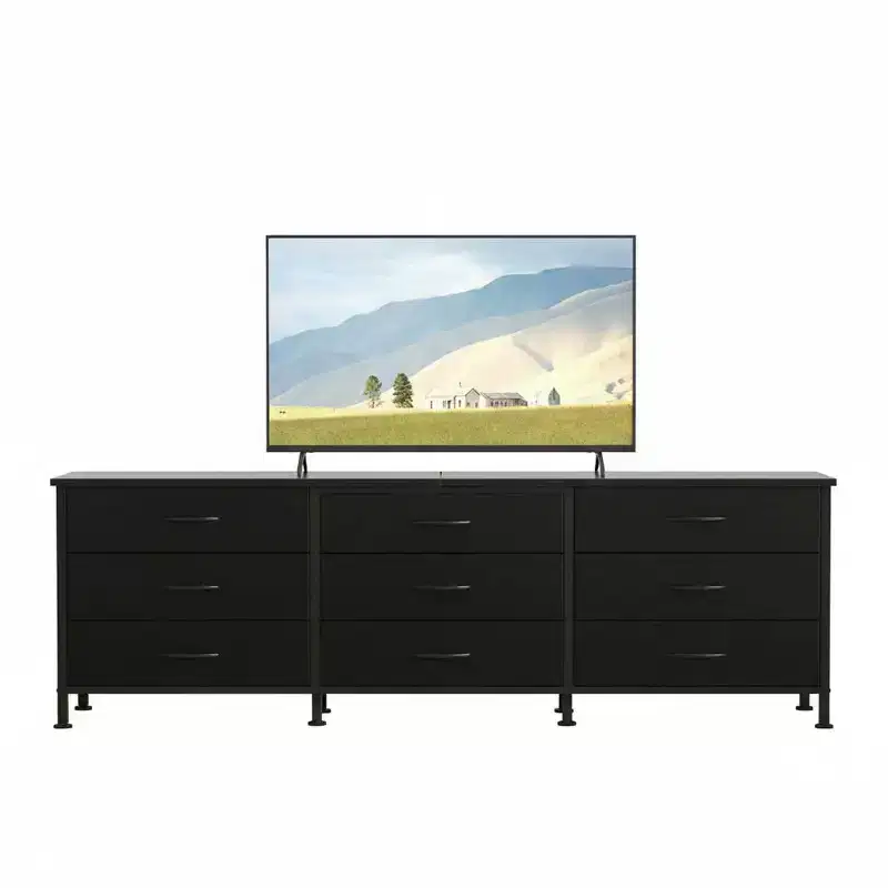 Living Room TV Stand with 9 Fabric Drawers, Media Storage Console Furniture